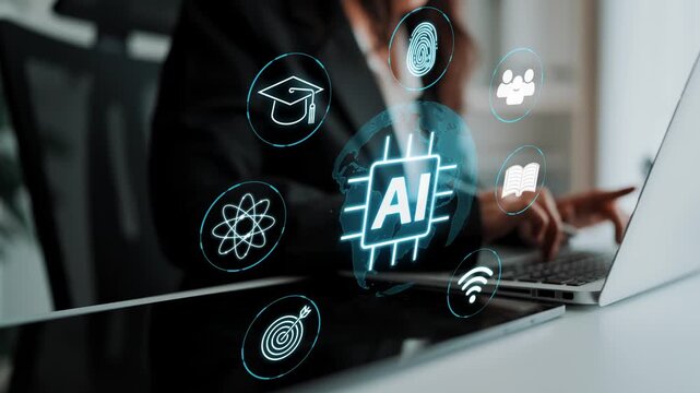 Business Professional Using Laptop With AI Icons Representing Data Analysis, Learning, and Technology Advancements in Modern Workspace. Entropy.