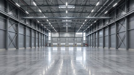 Naklejka premium Large empty warehouse interior with polished concrete floor and metal construction
