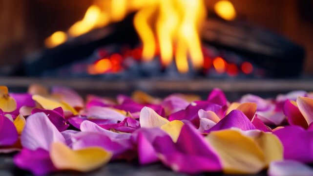 Pink and yellow flower petals on a fire