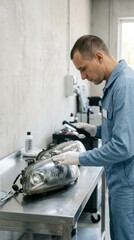 Obraz premium Automotive technician inspecting car headlight assembly with flashlight in workshop, ample copy space on left