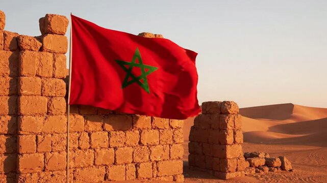 Moroccan flag waving against ancient stone ruins in the sahara desert at sunset morocco dunes
