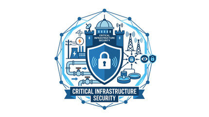 Fototapeta premium Critical Infrastructure Security Shield with Lock Icon and Network