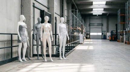 Fototapeta premium Mannequins in a bright, modern warehouse with sunlit floor and ample copy space for retail advertising