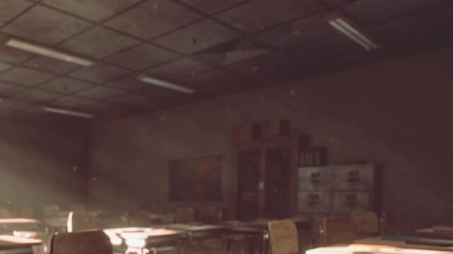 A classroom is empty with wooden desks and chairs arranged in rows. Sunlight comes through the window, illuminating dust particles in the air. It is a quiet afternoon.