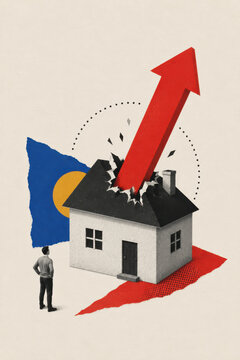 Red arrow bursts through a house roof in paper collage about rising property prices, mortgage pressure and housing inflation