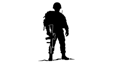 Naklejka premium Black silhouette of a soldier standing with a rifle on a white background.