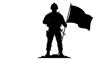 Naklejka premium Silhouette of a soldier standing tall while holding a flag isolated on white background.