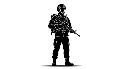 Naklejka premium Black and white silhouette illustration of a soldier standing with a rifle.