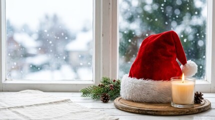 Fototapeta premium Cozy Christmas window scene with Santa hat, lit candle, and snow falling outside, perfect for holiday marketing.
