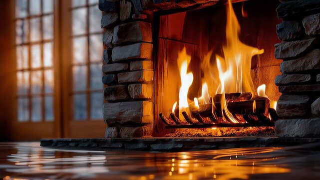 Bright fire burning in stone fireplace inside house. Cozy blaze with light reflection on wavy water surface. Warm home interior design and holiday setting concept.