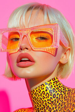 Close beauty portrait with geometric pink sunglasses and leopard print. Ideal for eyewear campaigns, Y2K fashion editorials, and beauty branding.