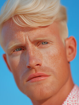 Blonde man in a pink suit photographed closely against blue sky. Ideal for menswear campaigns, beauty editorials, and colorful fashion branding.