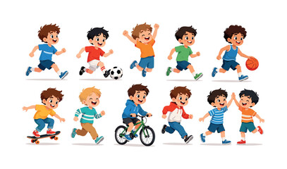 Fototapeta premium Diverse group of happy cartoon children engaged in various energetic outdoor activities