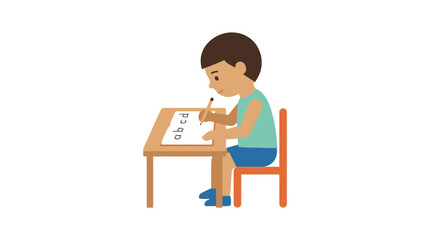 Fototapeta premium Boy learning to write letters at a desk, education, isolated