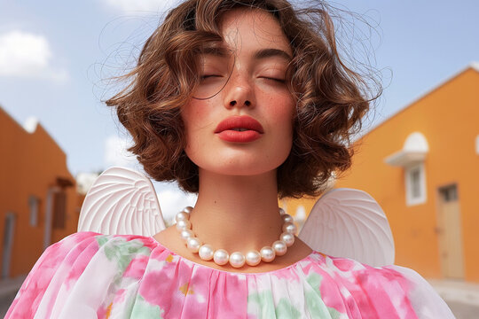 Woman in a pink floral dress with white wings and pearl necklace. Ideal for romantic fashion campaigns, bridal editorials, and fantasy beauty branding.