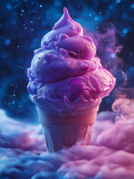 Blue and magenta ice cream cone beneath a star filled sky. Perfect for fantasy food advertising, dessert campaigns, and cosmic digital art.