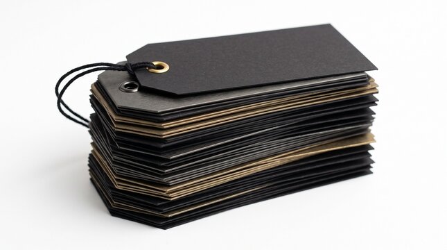 Stack of Black and Gold Gift Tags with String and Metal Eyelets on White Background