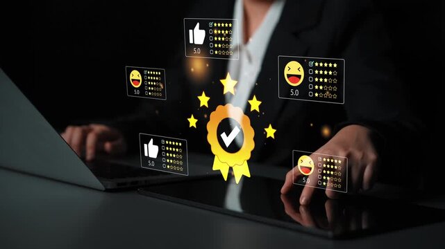 Online Review Rating System with Thumb Icons and Happy Faces for Business Success on Laptop in Dark Environment. Entropy.