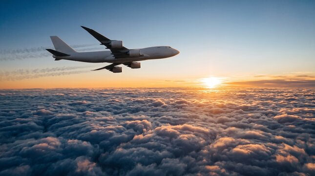 Airplane flying above clouds at sunset with sunbeams breaking through the atmosphere