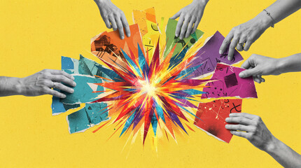 Fototapeta na wymiar Mixed media collage with grayscale hands arranging torn colorful paper around a vibrant central burst on yellow background