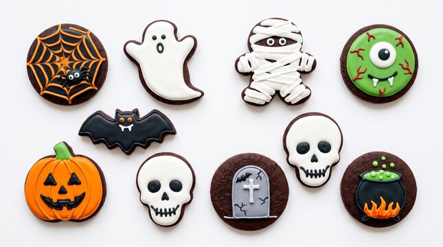 Assortment of Halloween themed decorated sugar cookies including spider web, ghost, mummy, monster, bat, pumpkin, skull, tombstone and cauldron