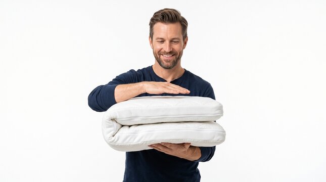 Smiling man holding folded white mattress topper with quilted pattern and zipper detail