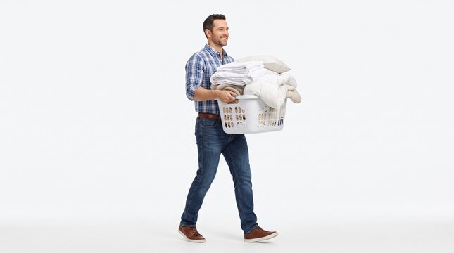 Man carrying a laundry basket full of clean folded clothes and bedding across a white background