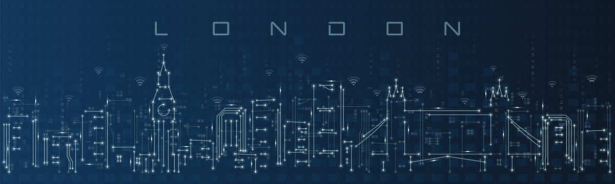 London Smart City Skyline Vector in Circuit Board Style Futuristic Technology Background