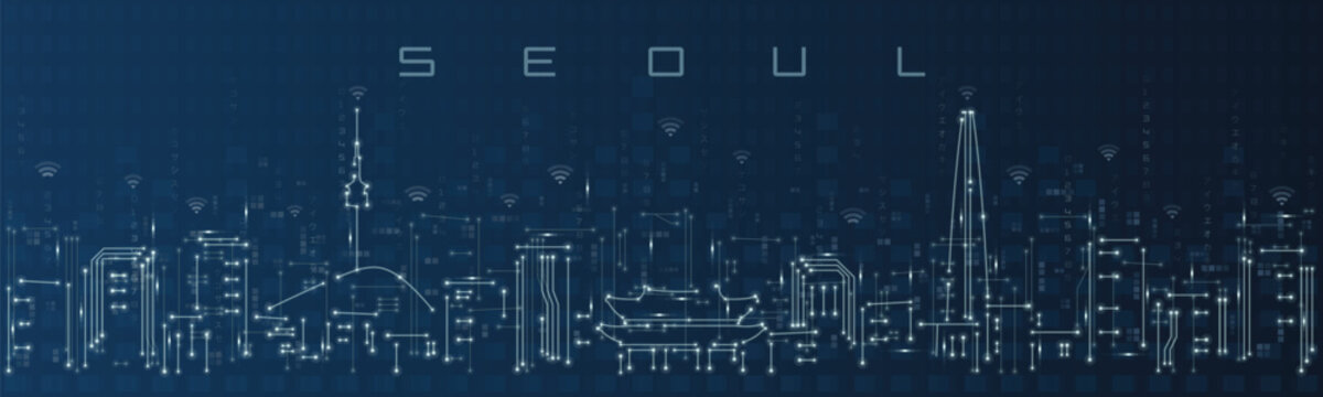 Seoul Smart City Skyline Vector in Circuit Board Style Futuristic Technology Background