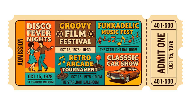 Retro Ticket Invitation: Disco, Film, Music, Arcade, Car Show Events
