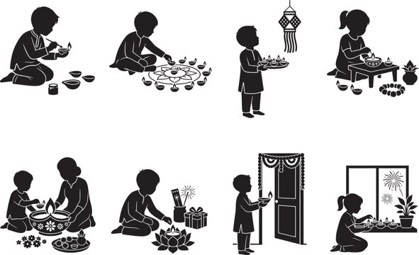 A collection of black silhouette illustrations depicting children celebrating the traditional indian festival of diwali with lamps and decorations