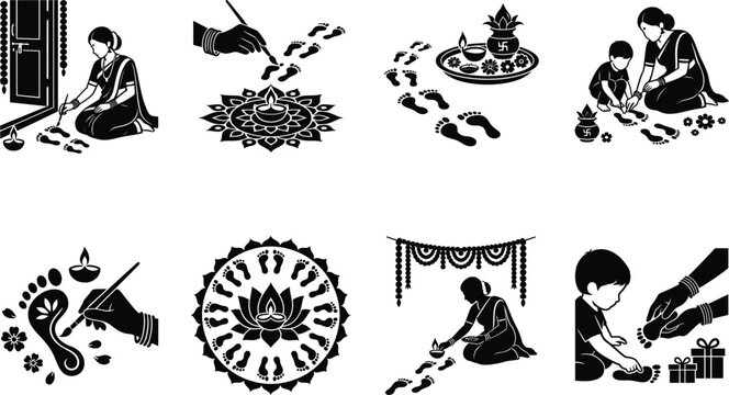 Set of black and white vector illustrations depicting traditional indian cultural activities and rituals for the diwali festival celebration