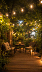 Fototapeta premium Cozy Garden Patio with String Lights at Dusk