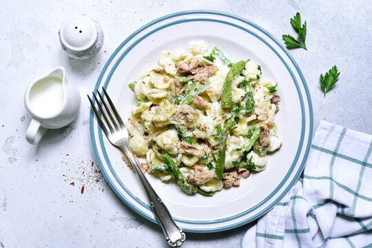 Pasta orecchiete with tuna and asparagus in a cream sause. Top view with copy space.