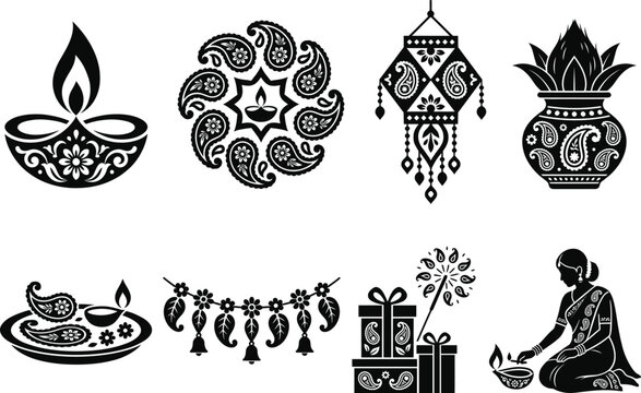 A collection of black silhouette icons representing traditional indian diwali festival elements like lamps rangoli and festive decorations