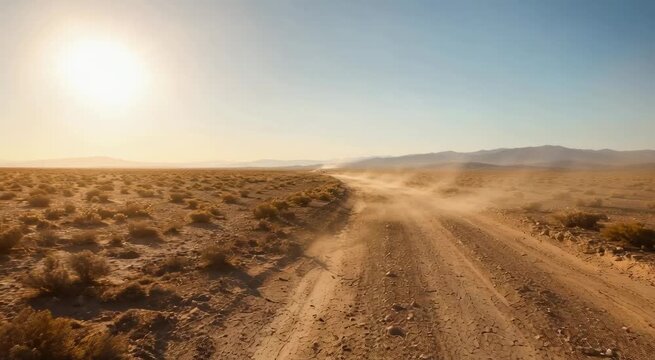Sunlit dusty dirt road winding through arid desert scrub toward distant mountains under a clear blue sky