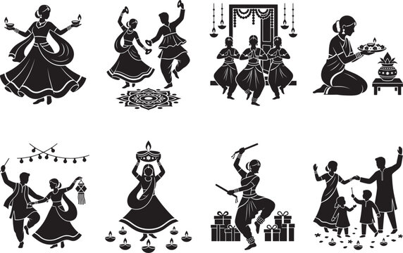Set of black silhouettes depicting traditional indian people celebrating the festive occasion of diwali with dance and prayer