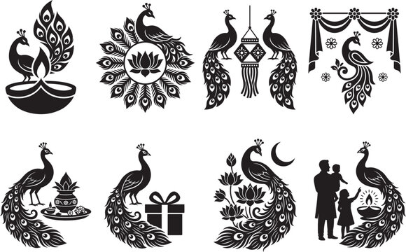Set of decorative black peacock silhouettes featuring traditional indian motifs perfect for celebrating the festive diwali holiday season designs
