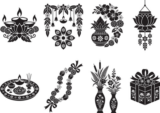Set of black and white hand drawn decorative elements for the traditional indian festival of diwali celebration