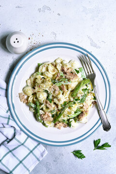 Pasta orecchiete with tuna and asparagus in a cream sause. Top view with copy space.