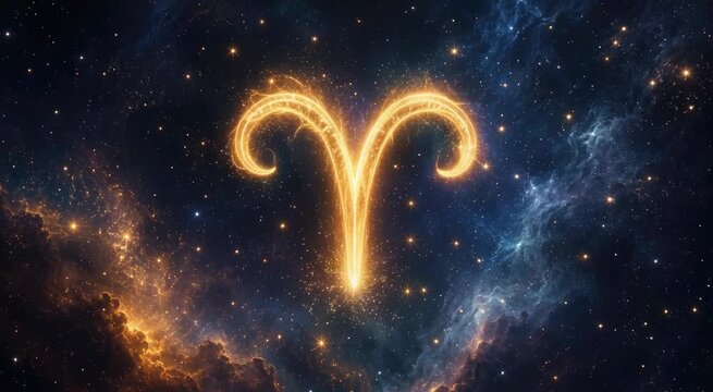 Golden glowing Aries zodiac symbol with curled horns in a blue-orange cosmic nebula and starfield
