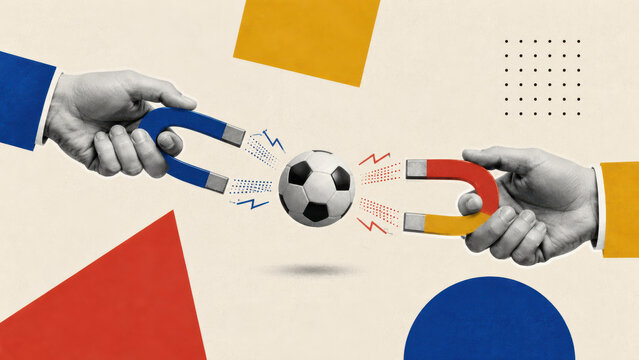 Two hands holding blue and red horseshoe magnets pulling a football between them in a bold paper collage
