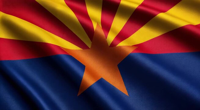 Waving Arizona state flag with red and yellow rays, copper star and deep blue field, realistic fabric texture
