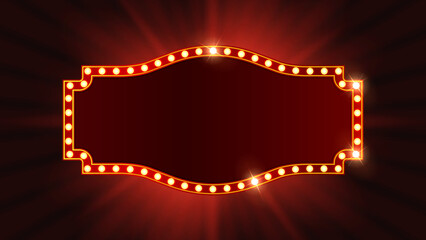 Naklejka premium Retro Marquee Light Sign Frame with Glowing Bulbs on Red Background, Vintage Theater Cinema Banner Vector Illustration