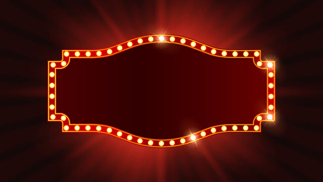 Retro Marquee Light Sign Frame with Glowing Bulbs on Red Background, Vintage Theater Cinema Banner Vector Illustration