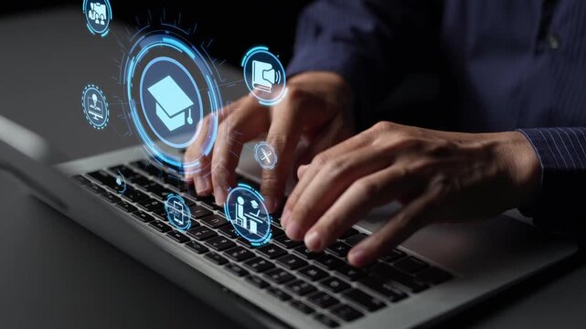 Online education icons show e-learning, online education classes, and digital study. Online education enables global online education access, flexible learning. Funnel