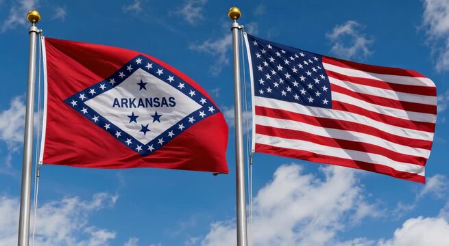 Arkansas state flag and US flag flying together on poles against a bright blue sky with scattered clouds