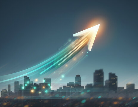 An abstract arrow of light over a blurred cityscape, representing business transformation and strategic change.