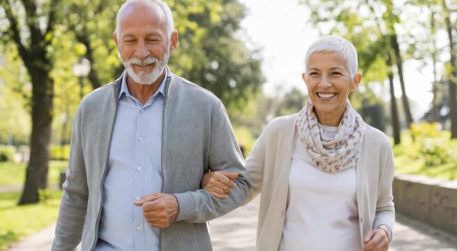 Smiling retired senior couple walking arm-in-arm in a sunny park
