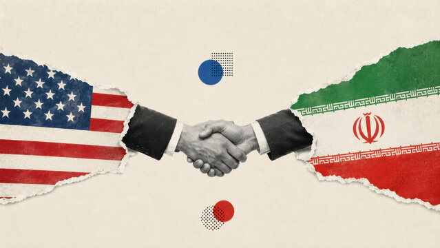 image.pnUS and Iran diplomacy and the search for a nuclear deal pictured as suited hands from both nations meeting in a formal handshake